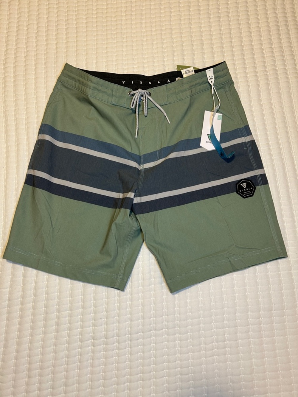 VISSLA Cheater 5 Boardshorts Green with Navy and Gray Stripes 32” Waist